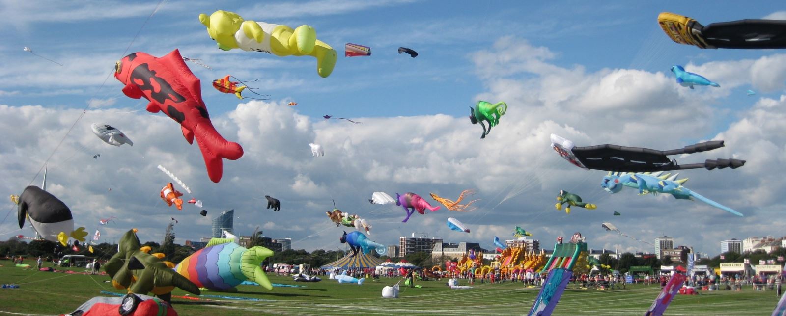 Novelty kites flying over Southsea Common for the International Kite Festival